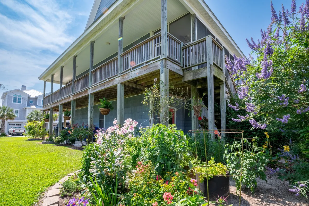The exterior of the house is showcased, featuring a vibrant garden, a welcoming wooden porch, and the home’s inviting structure. The scene captures a cheerful, tranquil mood, with plenty of space to relax, garden, or enjoy outdoor meals—an ideal environment for pets and their owners.